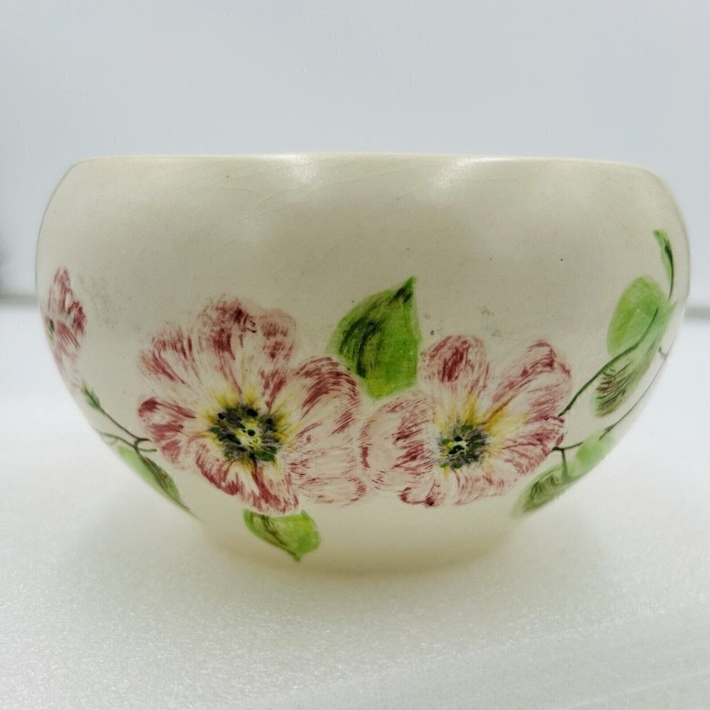 Art Pottery Bowl Signed D.G. Pink Floral 3" x 4.5" Yellow Interior